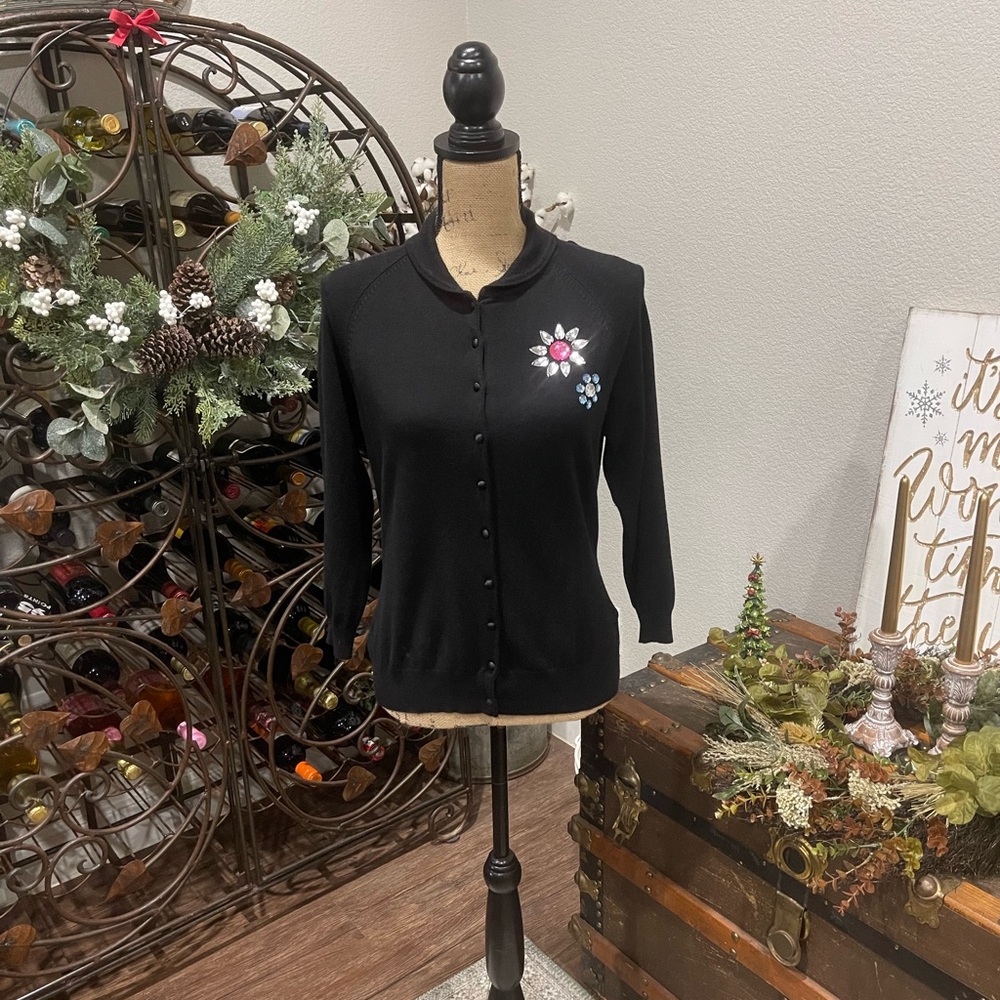 George Black Cardigan Embellished with Faux stone Floral Accent
